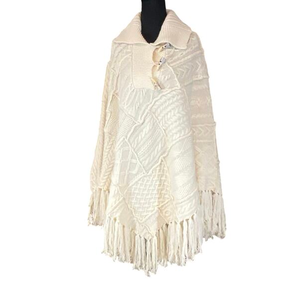 VTG Ralph Lauren Jeans Co Lambswool Knit Patchwork Fringe Poncho Cape Sweater OS - Picture 1 of 7
